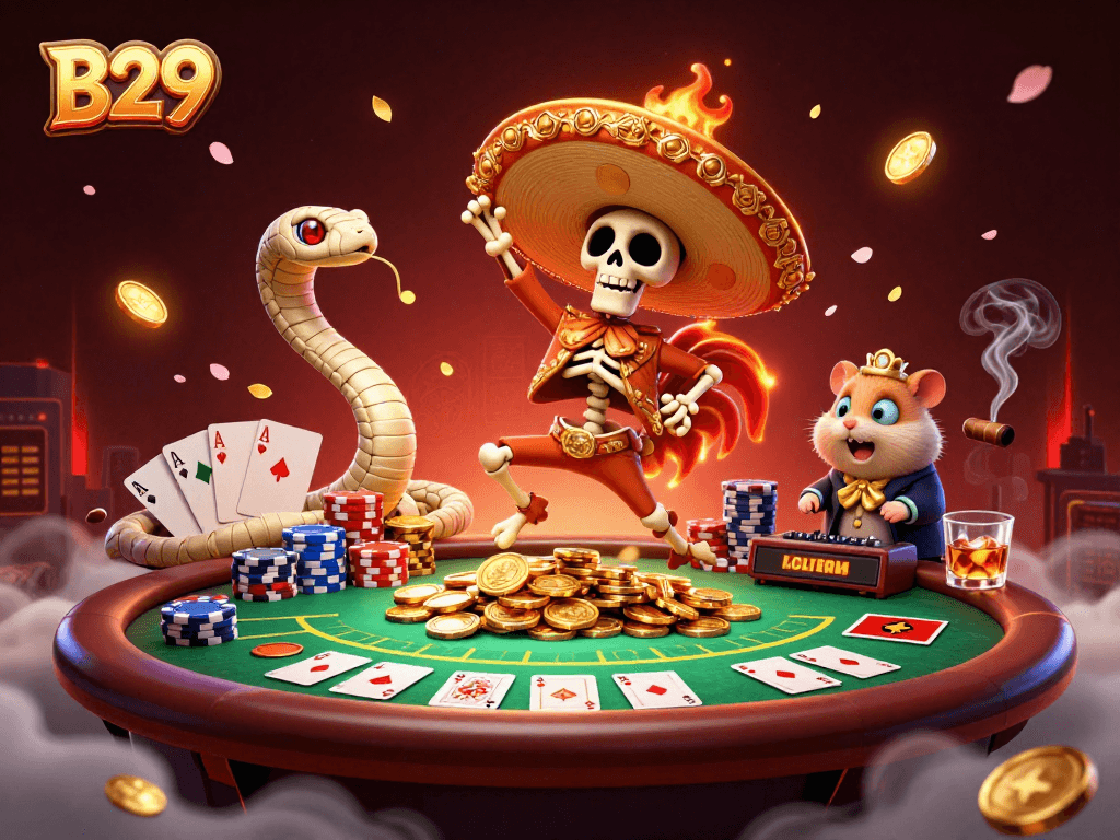 Witness the B29 casino victory dance with lively characters amidst a rich gambling scene.