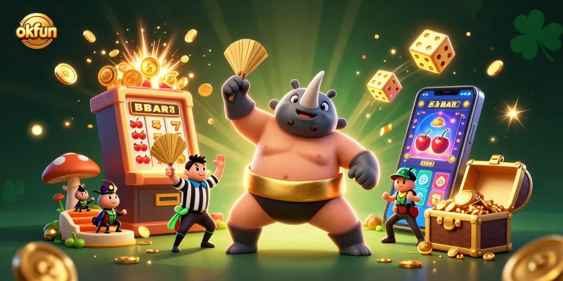 Experience the excitement of okfun with a vibrant 3D casino scene featuring animated characters and a slot machine explosion.