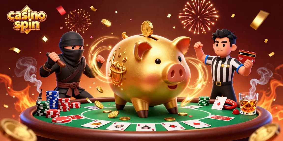Engaging casino spin action scene featuring a golden piggy bank wrestler, wallet ninja and credit card samurai.