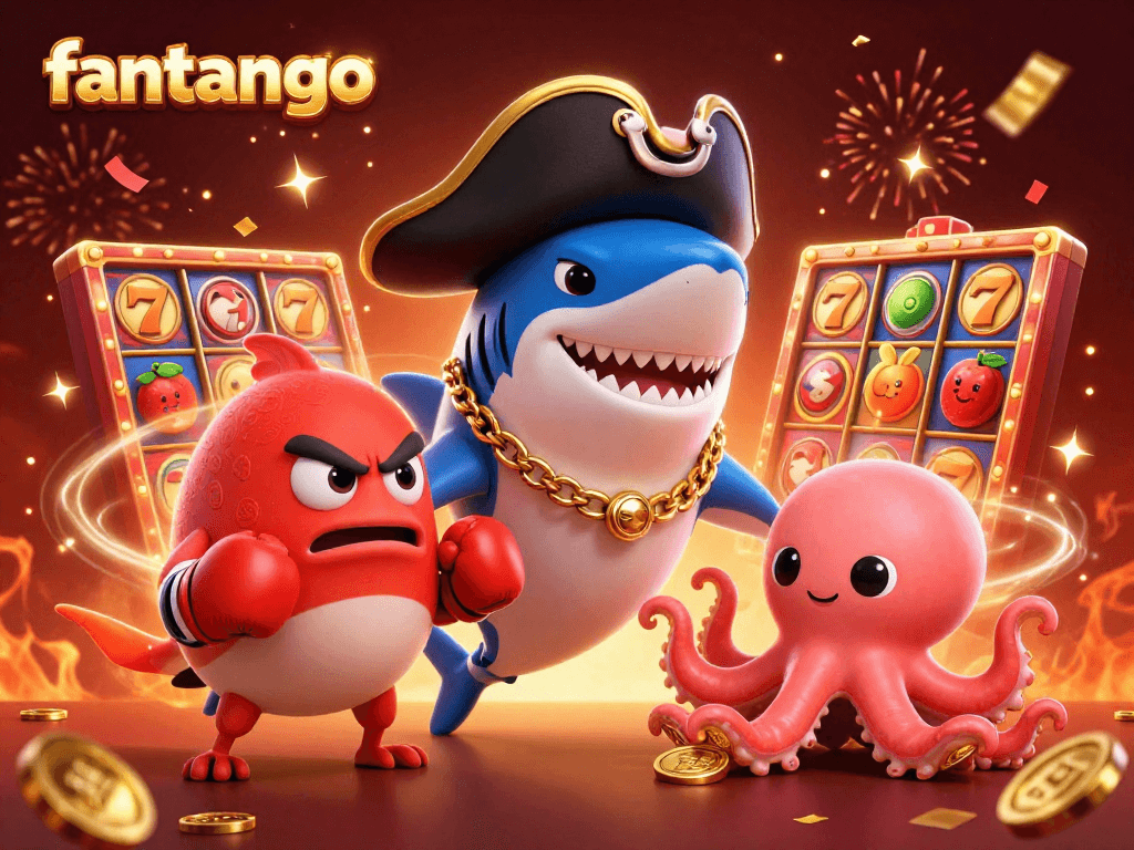 Watch the pirate shark, pufferfish, and octopus celebrate winning ways at fantango's colorful casino!