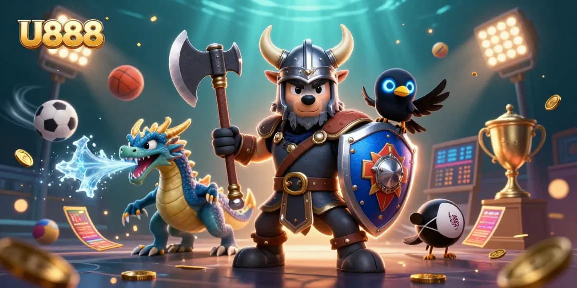 U888 features a dynamic scene with a Viking wolf warrior and a fierce dragon in this engaging casino illustration.