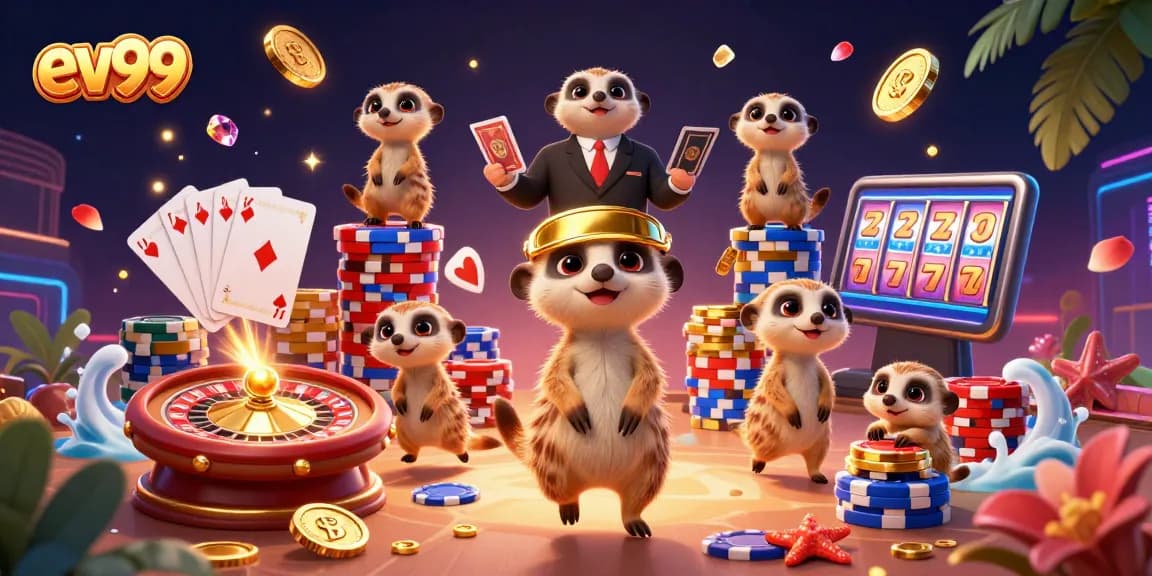 ev99 shows meerkats engaging in a lively casino scene filled with colorful chips and glowing coins.