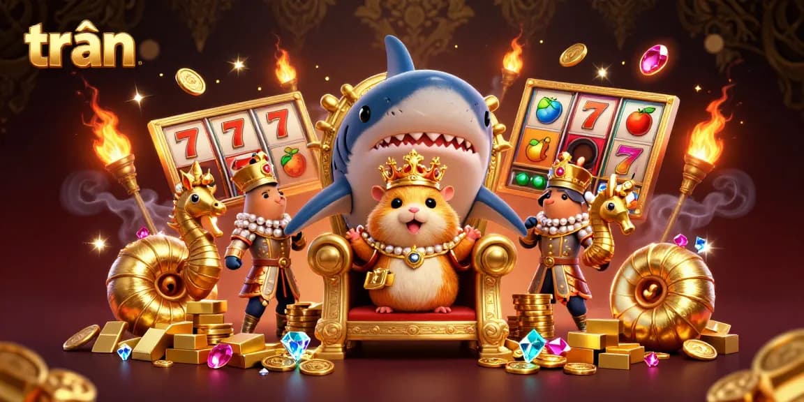 Watch the golden hamster king on its megalodon throne in a lively casino-themed illustration with trần elements.