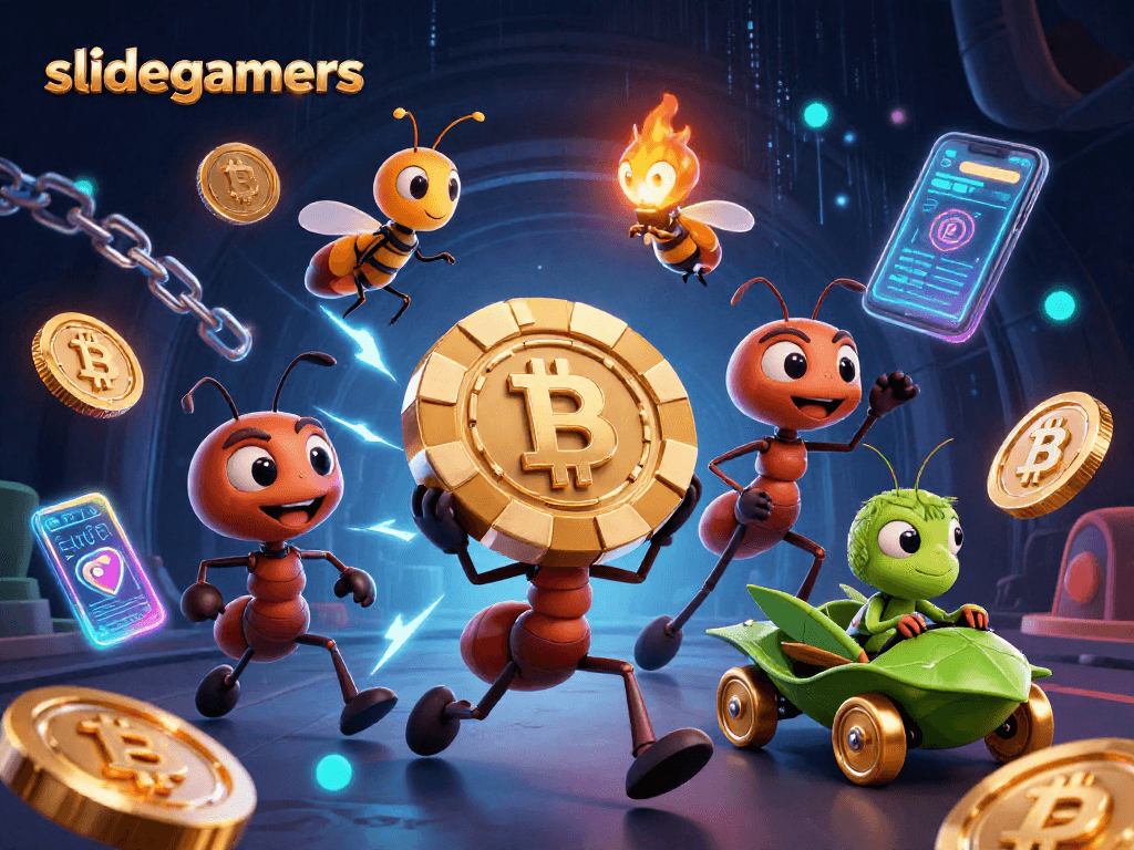 Engage with slidegamers where ants execute a heist, carrying a massive poker chip in a vibrant casino world.