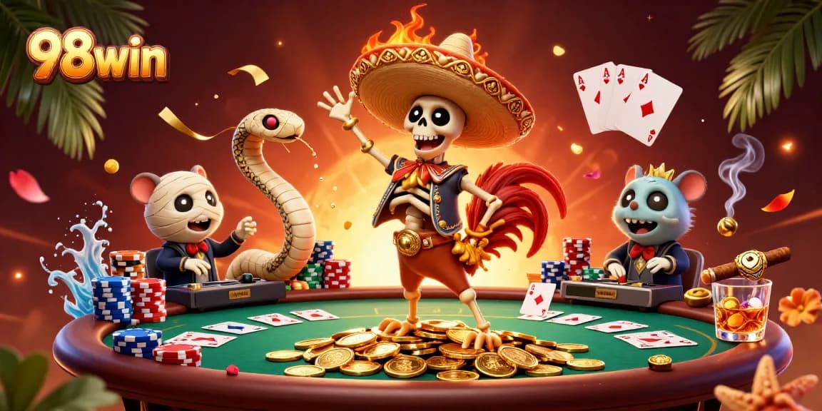 Experience the thrill of 98win with a vibrant 3D casino scene featuring lively characters and dynamic elements.