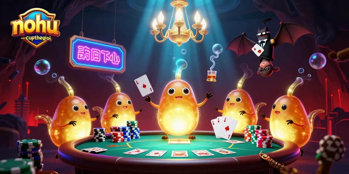 Nohu-cupthegioi glowworms create a vibrant cave casino scene with poker elements and bat dealer, showcasing excitement.