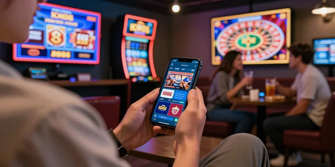 Person enjoying the KO66 app for online gaming in a vibrant lounge.