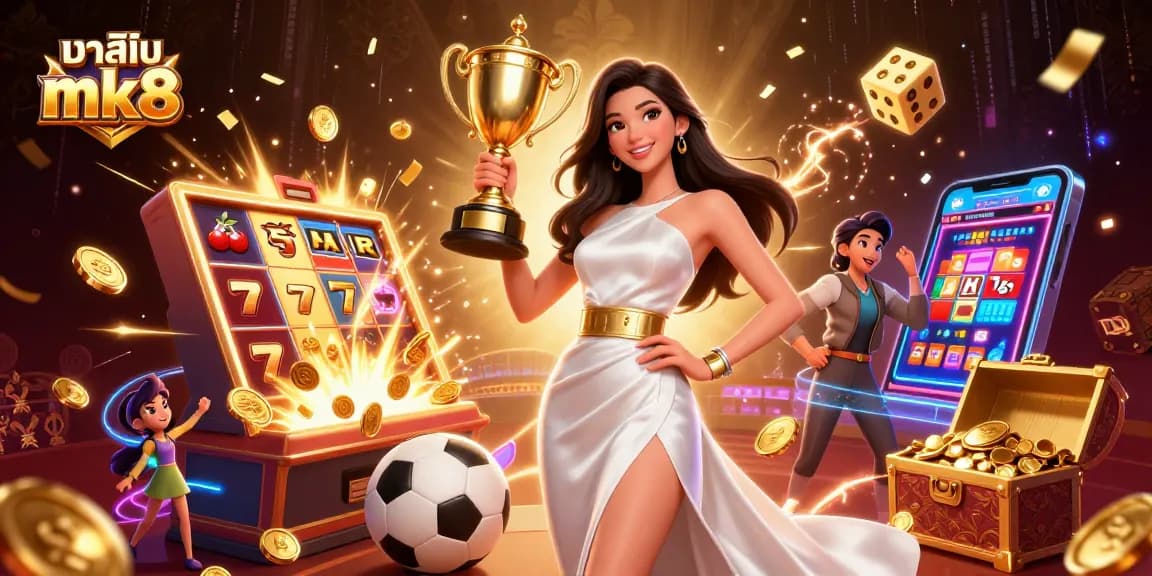 Experience the thrill of คาสิโน mk8 with a victorious woman holding a trophy amidst explosive casino elements.