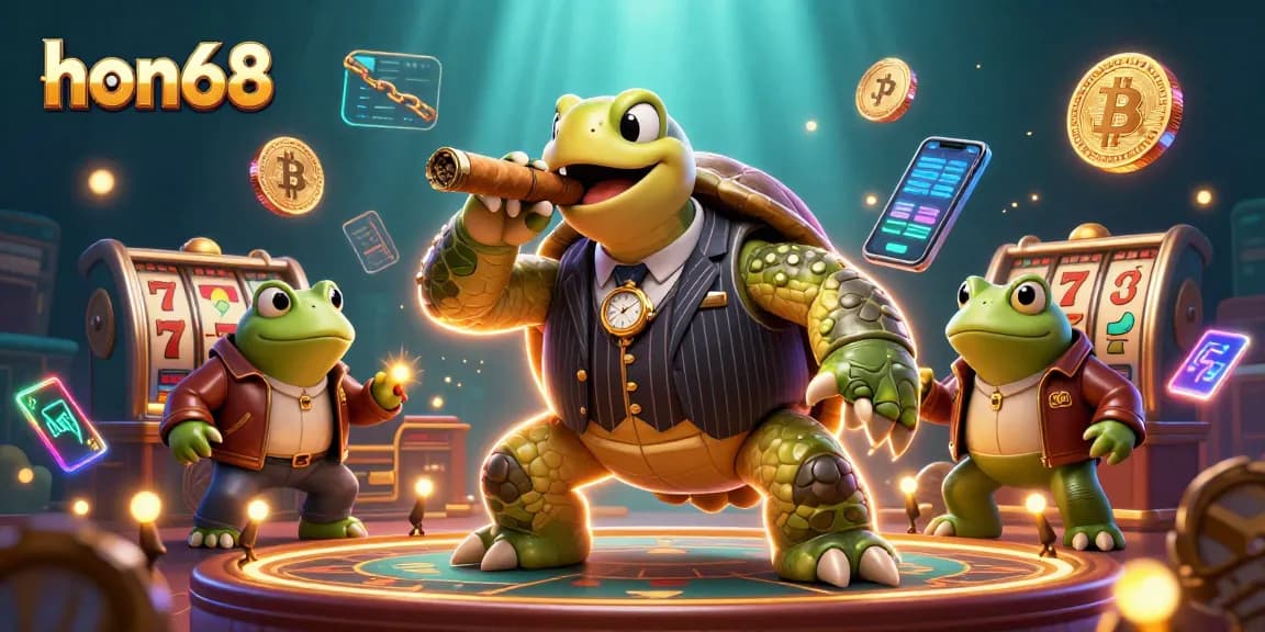 Join the action on hon68 with a vibrant 3D casino illustration featuring unique characters and slots.