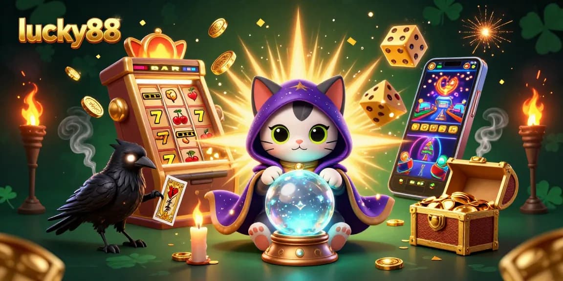Enjoy the thrilling wins with lucky88 in this packed casino scene featuring vibrant slot machines and mystical elements.