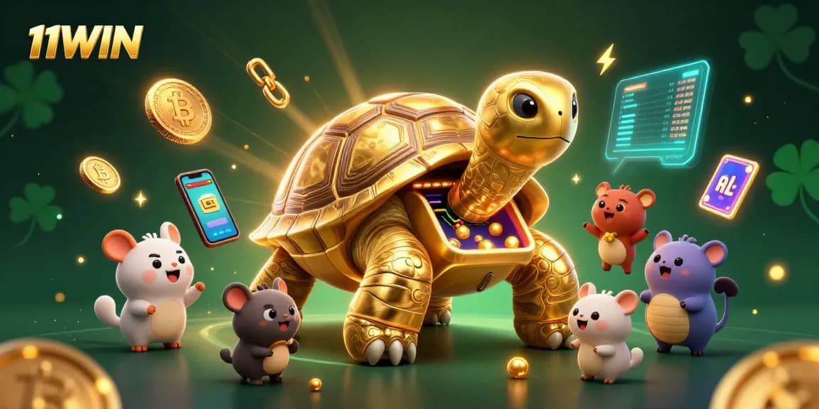 Play exciting casino games at 11WIN, featuring a lively scene with a golden tortoise and vibrant crypto elements.