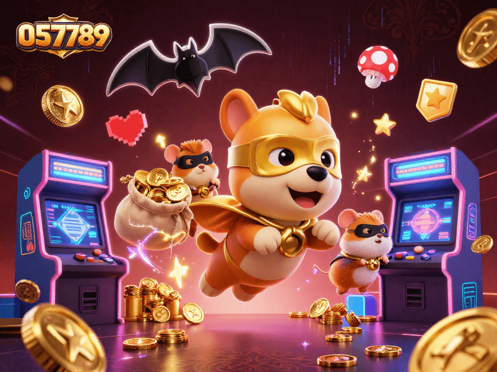 Engage with thrilling games at 057789, where a superhero dog captures gold coins amidst casino excitement.