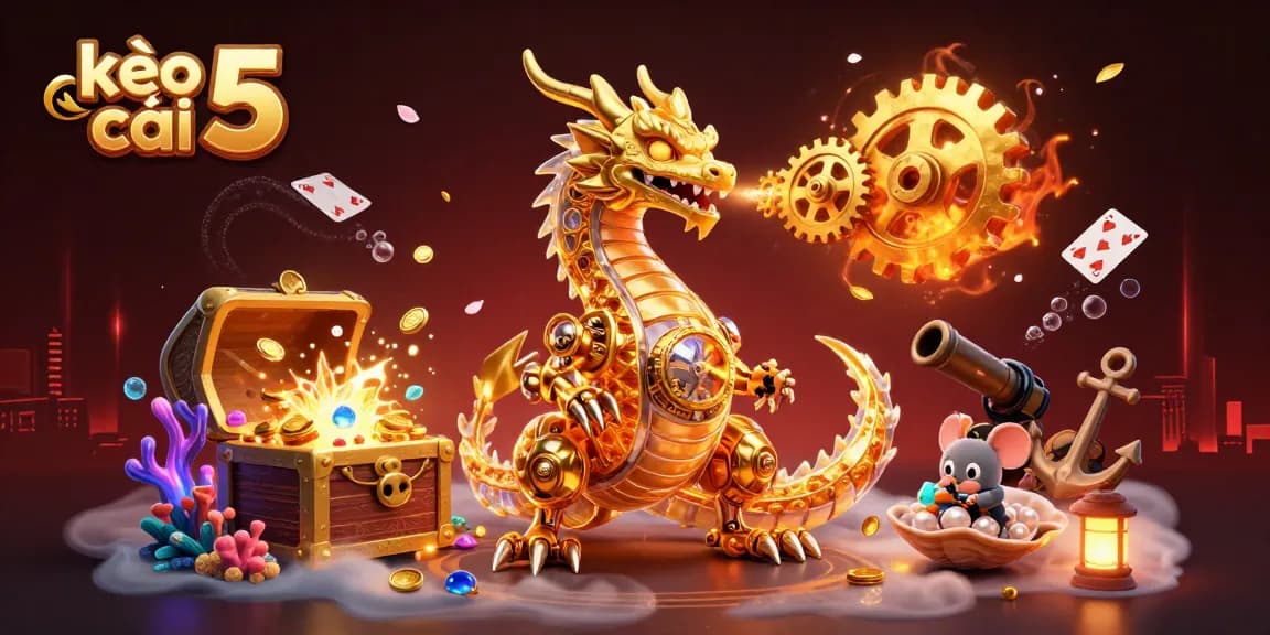 Experience the vibrant world of kèo nhà cái 5 through a golden dragon scene bursting with treasures and engaging game elements.