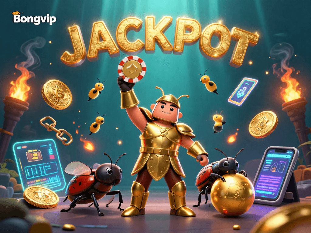 Bongvip celebrates wins with vibrant 3D beetles and jackpot imagery, showcasing exciting casino action.