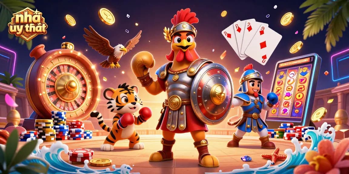 Engage with nhà cái uy tín showcasing a cartoon gladiator rooster in a vibrant casino scene.