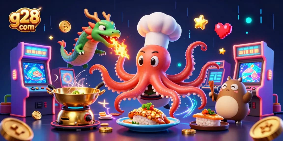 Experience thrilling gameplay with G28 com, featuring cartoon octopus, dragon chef, and exciting casino elements.