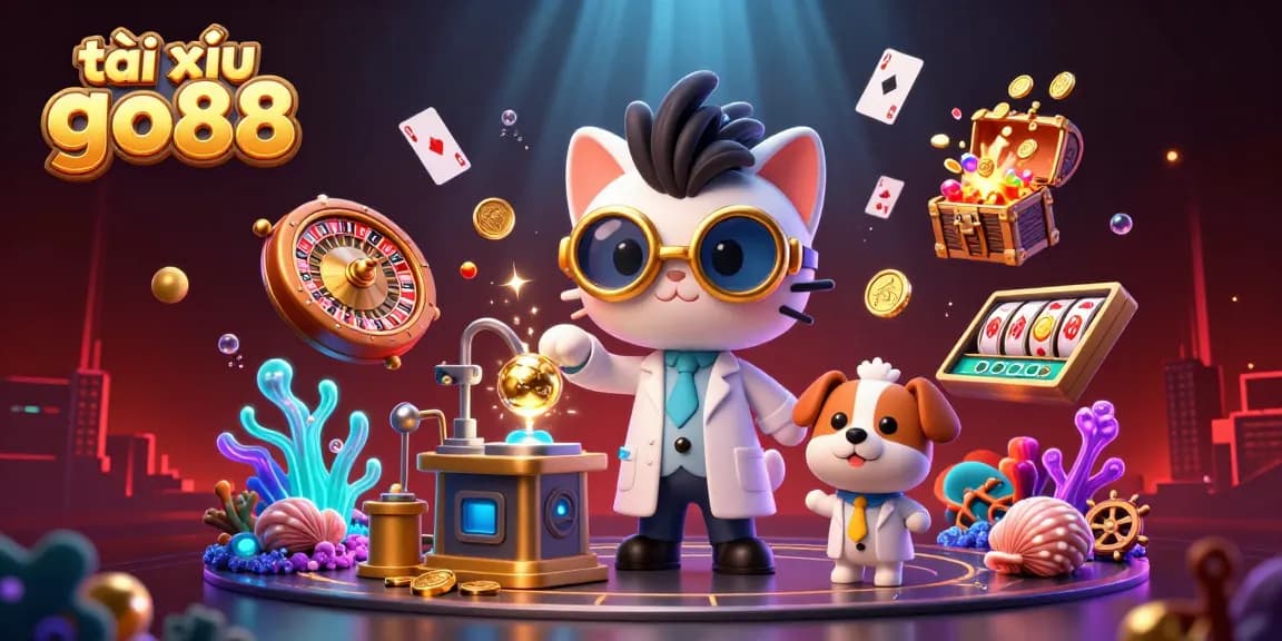 A 3D illustration showcasing the thrilling action of tài xỉu go88, featuring a mad scientist cat and a lab assistant dog surrounded by casino elements.