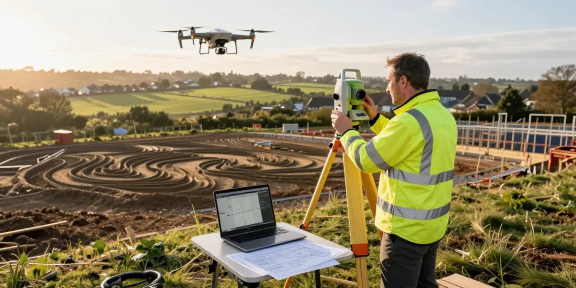Topographical surveys Surrey and Sussex, land surveyor measuring land contours with a total station in a construction site.