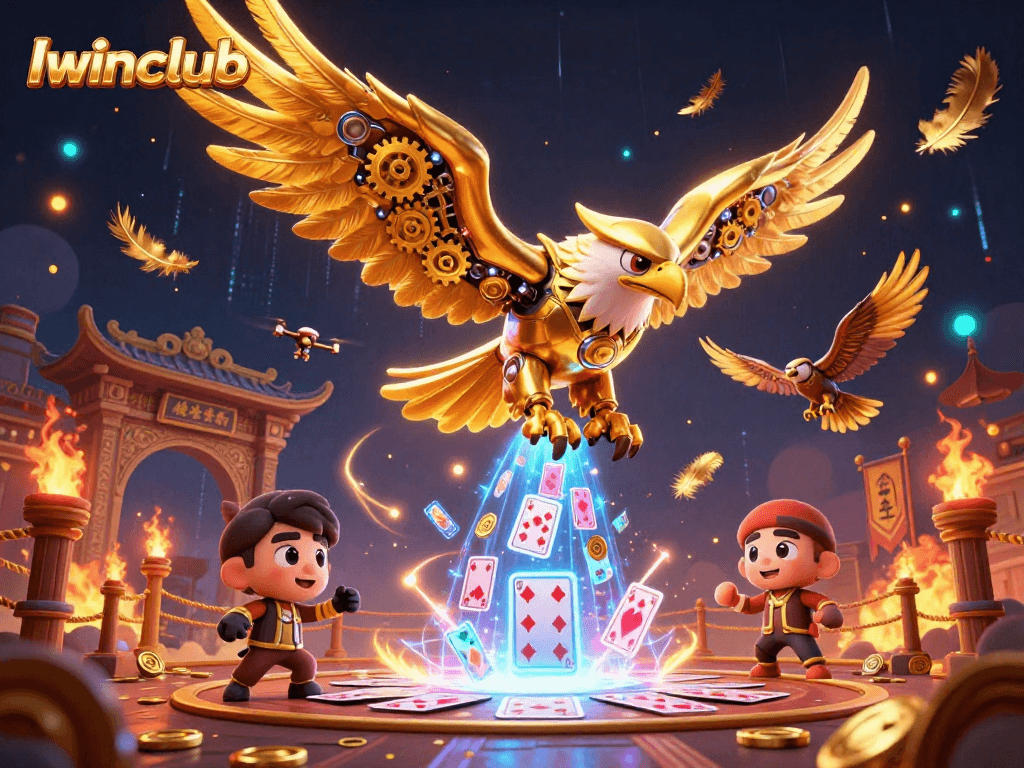 Iwinclub showcases a cybernetic golden eagle and drone falcons, creating an immersive gambling experience with dynamic game elements.