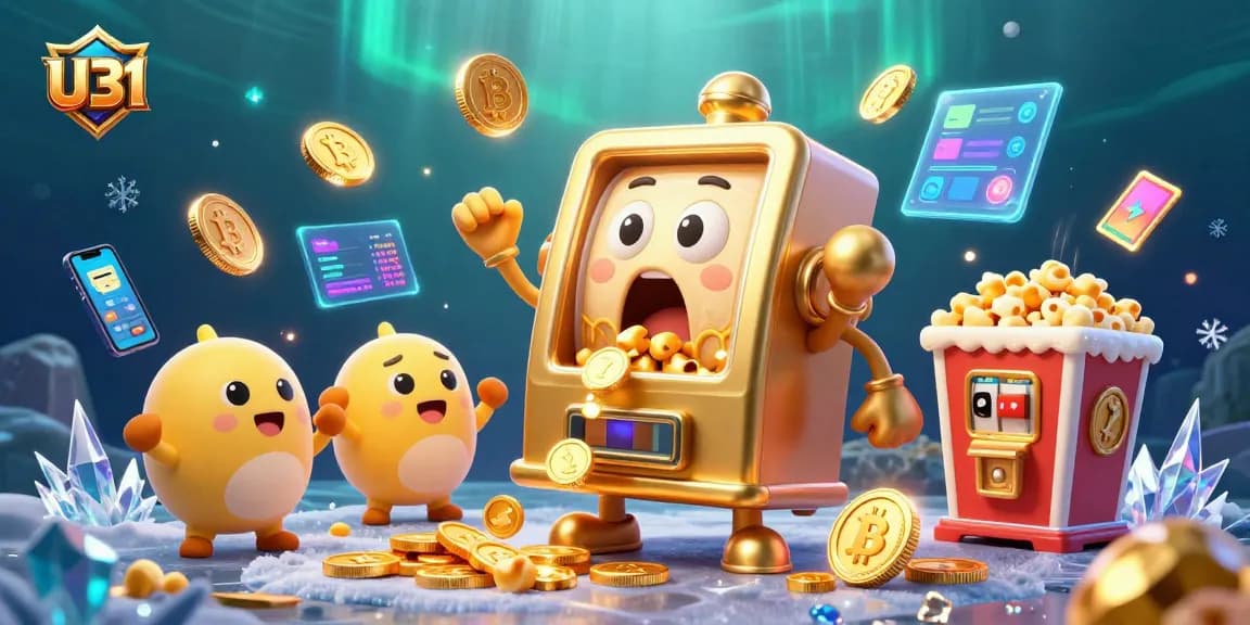 U31's dynamic golden slot machine celebrating a jackpot amid crypto-themed elements in a vibrant scene.