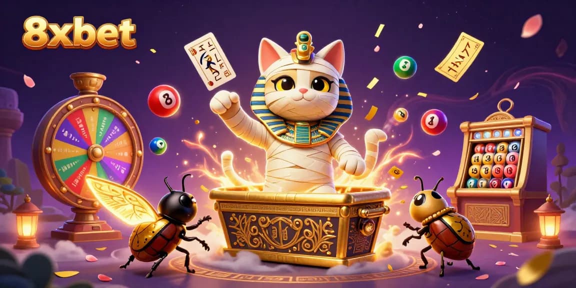 Experience thrilling moments with 8xbet’s vibrant gaming scene featuring a mummy cat and glowing elements.