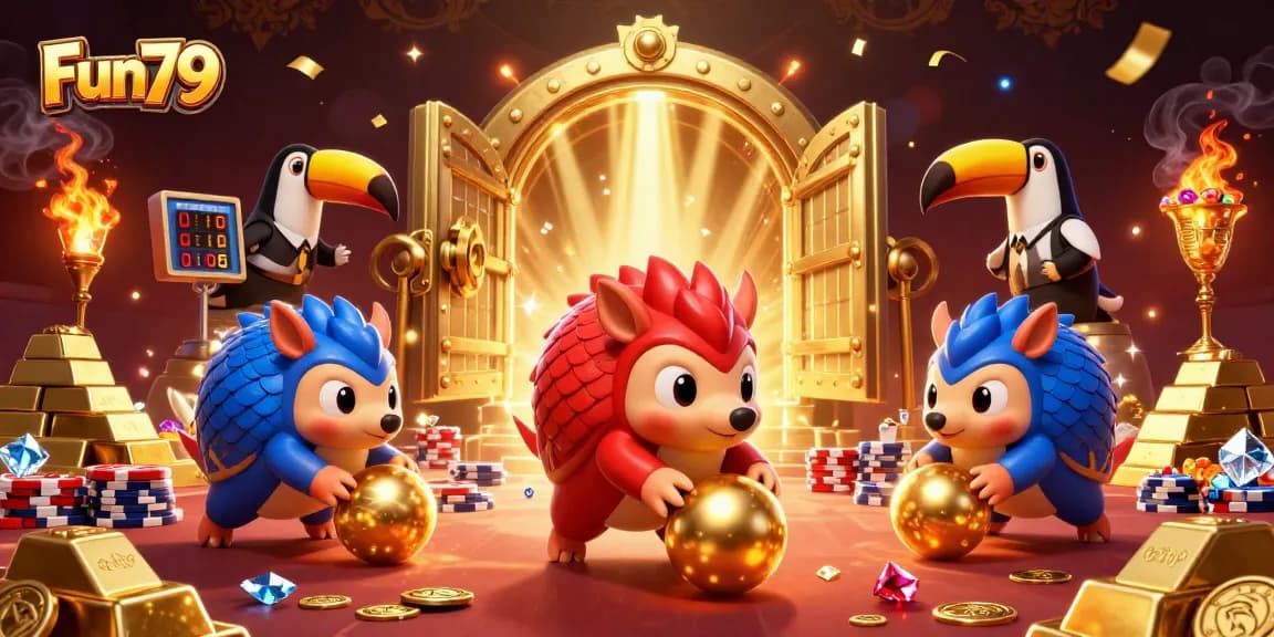 Fun79 pangolins bowling through poker chips in a vibrant casino atmosphere.