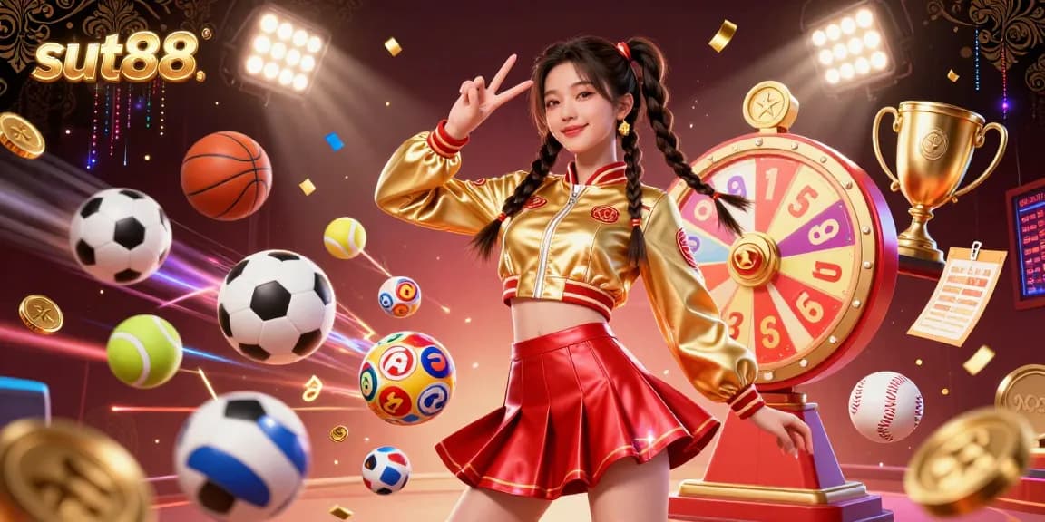 Sut88 offers a vibrant gaming experience with a stunning Asian woman surrounded by colorful sports betting elements.