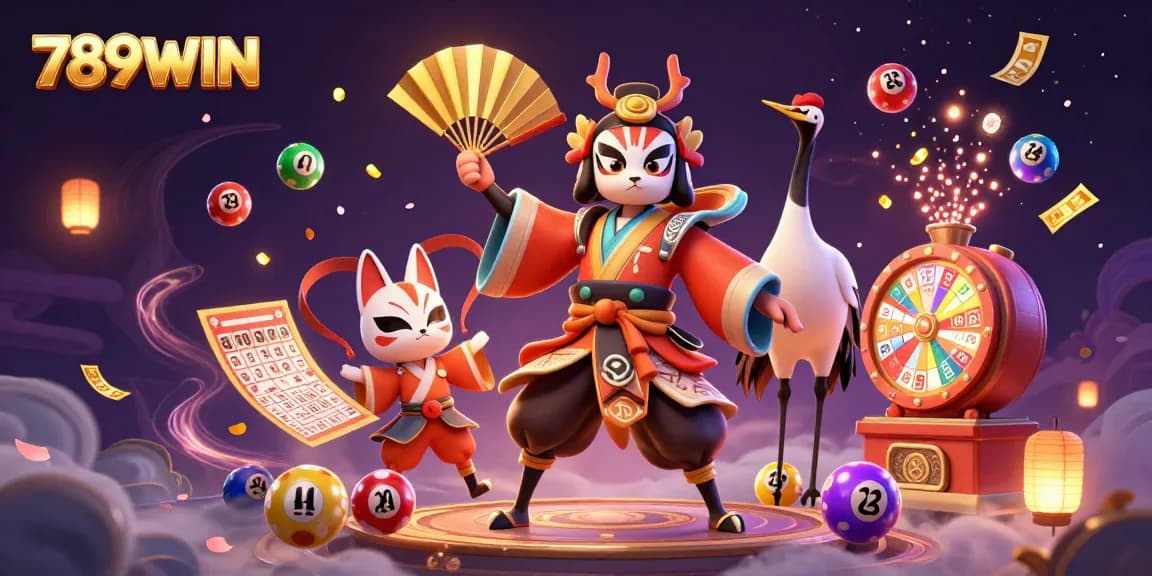 Engage with thrilling actions at 789WIN, featuring a vibrant 3D scene of kabuki characters and gaming elements.