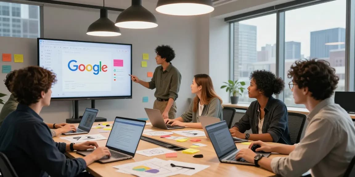 Collaboration on the google mixboard in a modern creative office setting.