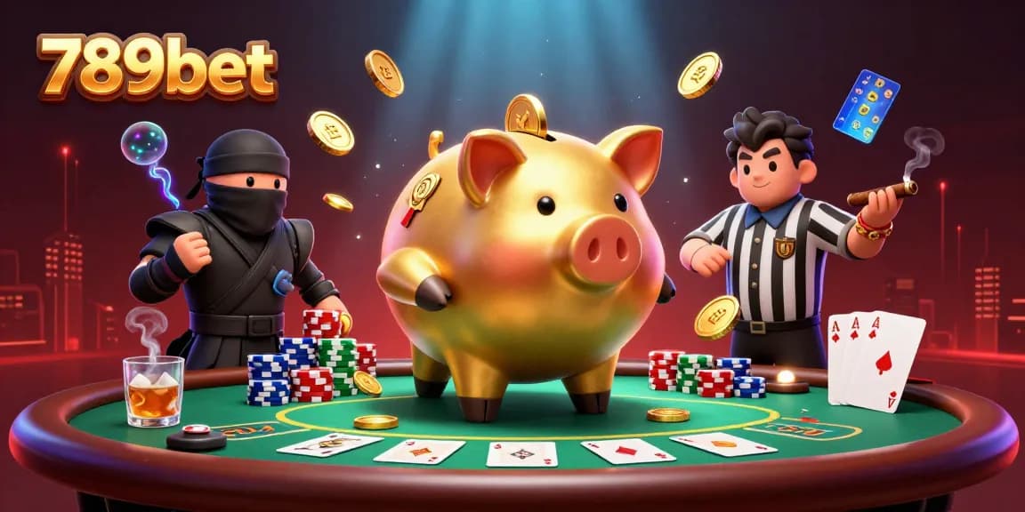 Experience thrilling action with 789bet's dynamic casino scene featuring a golden piggy bank wrestler and poker elements.