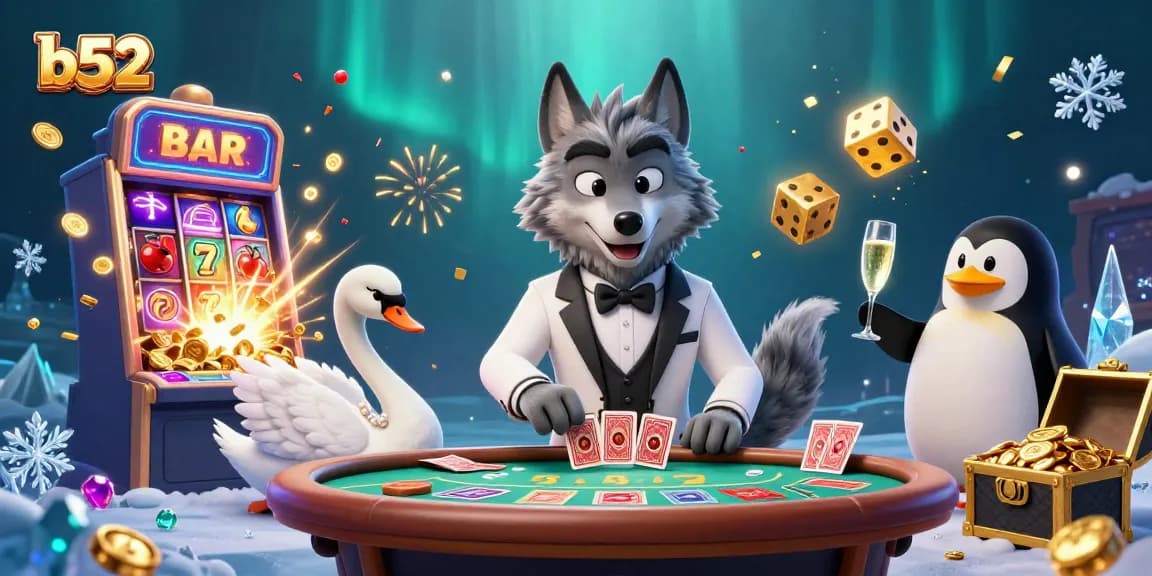 Experience thrilling b52 gaming with a baccarat table, cartoon characters, and jackpot excitement.
