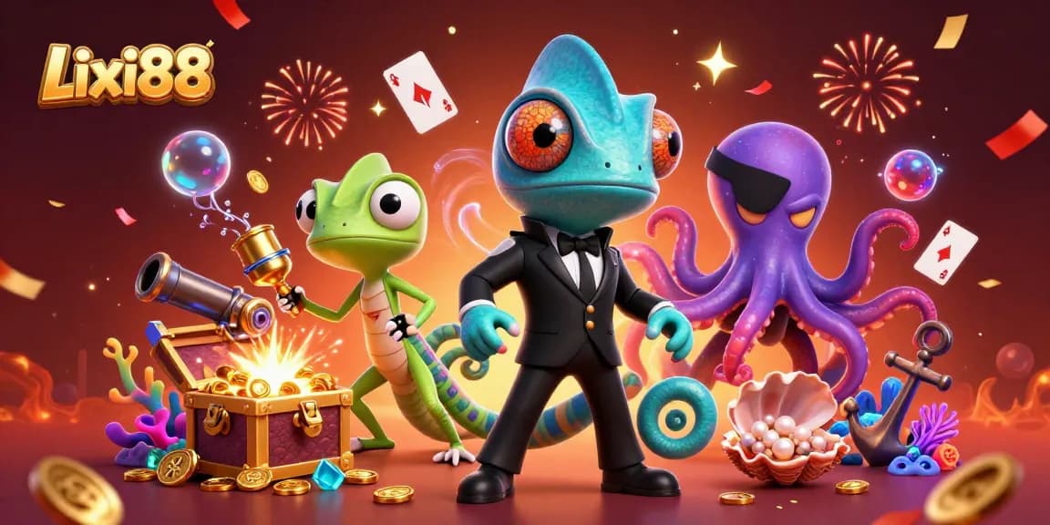 Lixi88 showcases a vibrant 3D scene with a secret agent chameleon and gaming elements, enriching the casino experience.