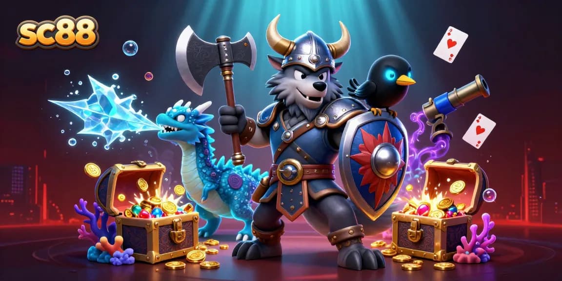 Engage with sc88's thrilling environment featuring a Viking wolf warrior, fierce dragon, and glowing treasures.