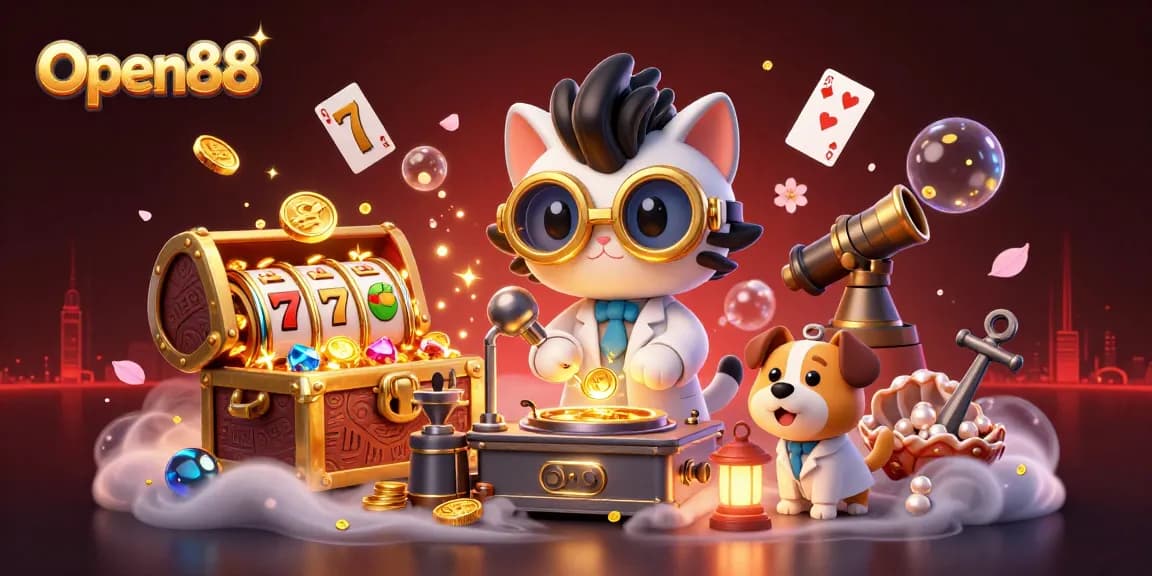 Open88 showcases a fun 3D animated scene with a scientist cat and assistant, emphasizing exciting casino elements.