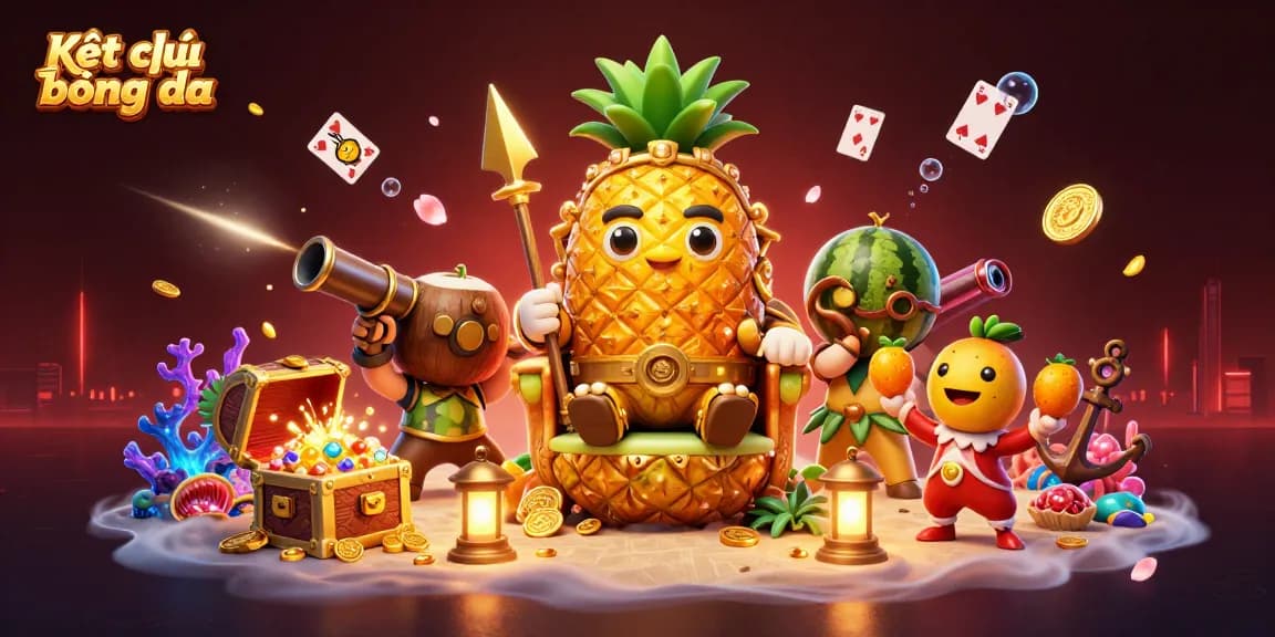 Kết quả bóng đá dynamic scene with golden pineapple king in a beach casino, showcasing vibrant game elements.