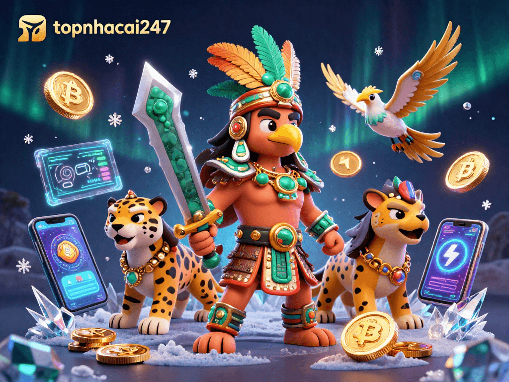 Experience thrilling moments in topnhacai247's immersive crypto gaming scene with warriors and vibrant digital elements.