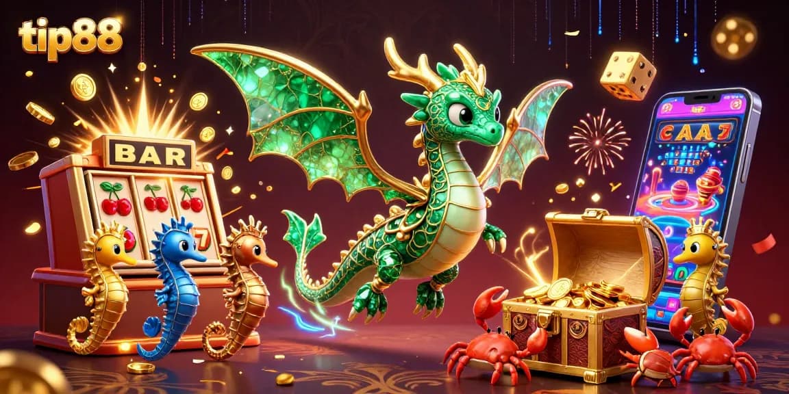 Experience exhilarating gaming with tip88, showcasing a dragon and a treasure chest amidst casino elements.