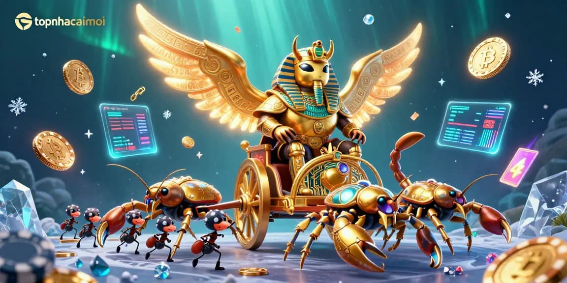Catch exhilarating wins with topnhacaimoi featuring a golden scarab beetle, scorpions, and crypto elements in a vibrant casino scene.