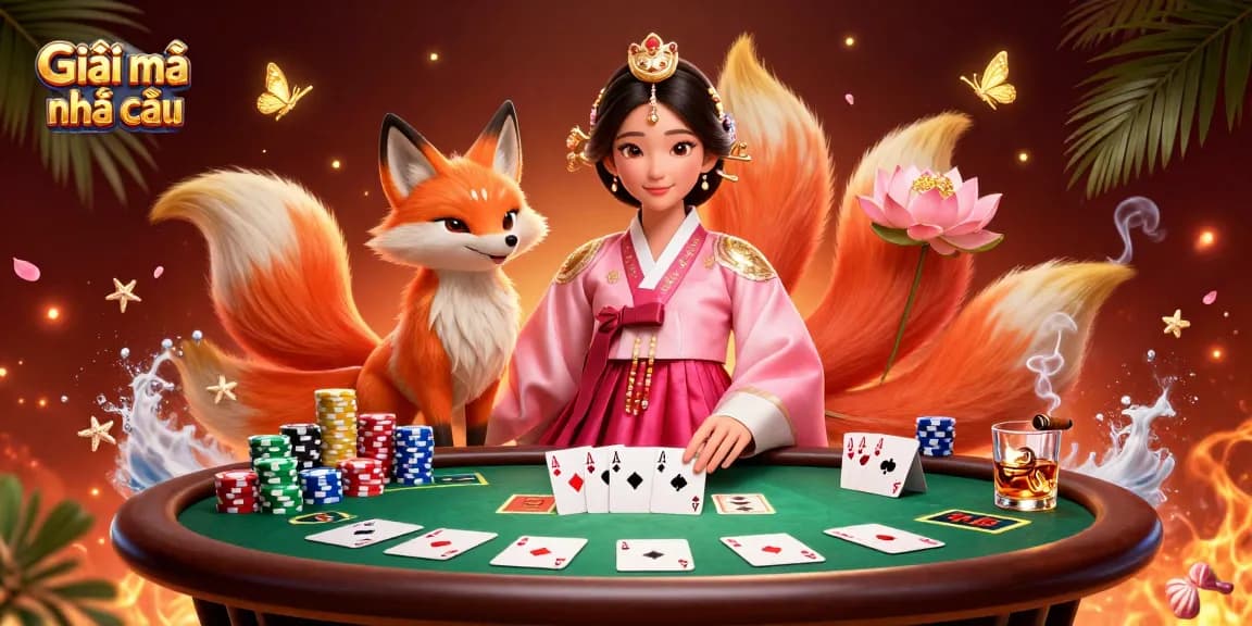 Engage in Giãi mã nhà cái strategies with a vibrant 3D scene featuring an elegant Asian woman and a fox amidst gambling elements.