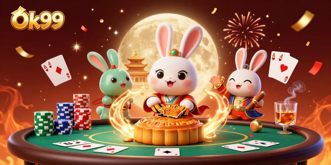 Experience rich gaming at Ok99 with a festive 3D cartoon scene featuring poker elements and thematic characters.