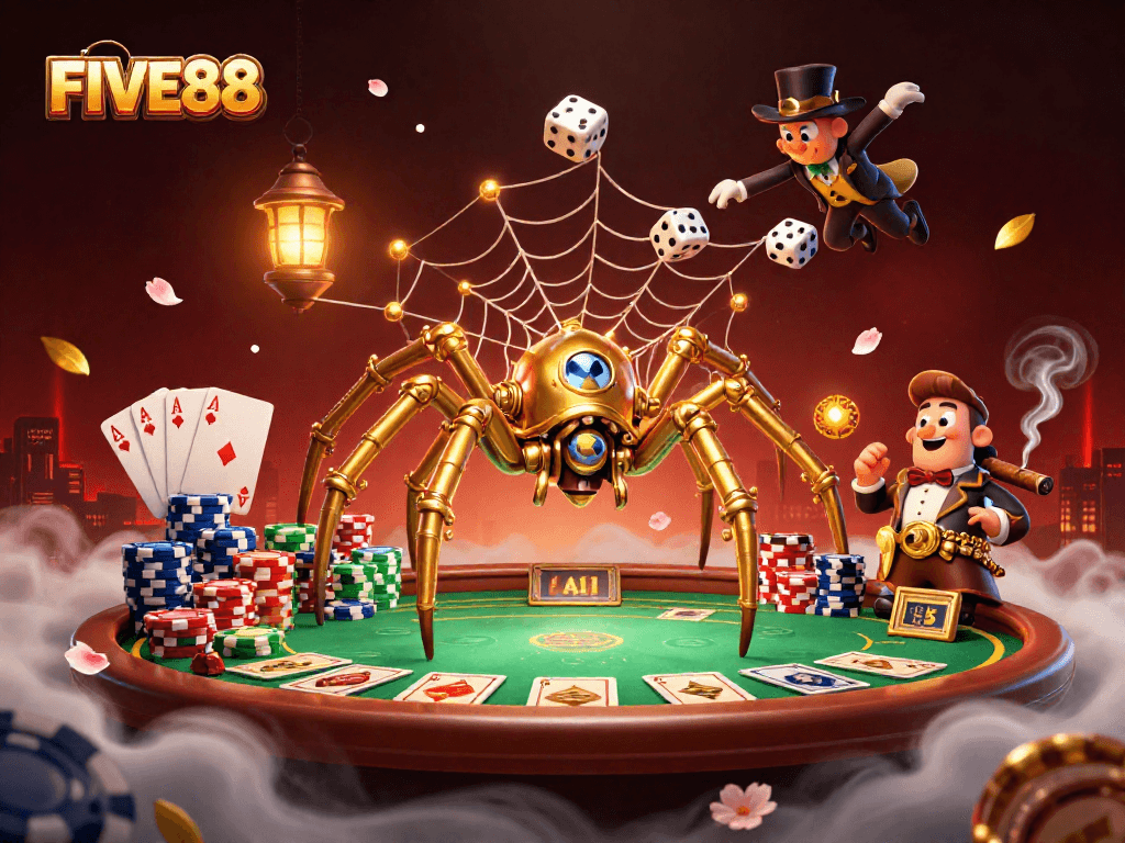 FIVE88's exciting 3D casino scene features a steampunk spider and poker elements, ripe for game action.