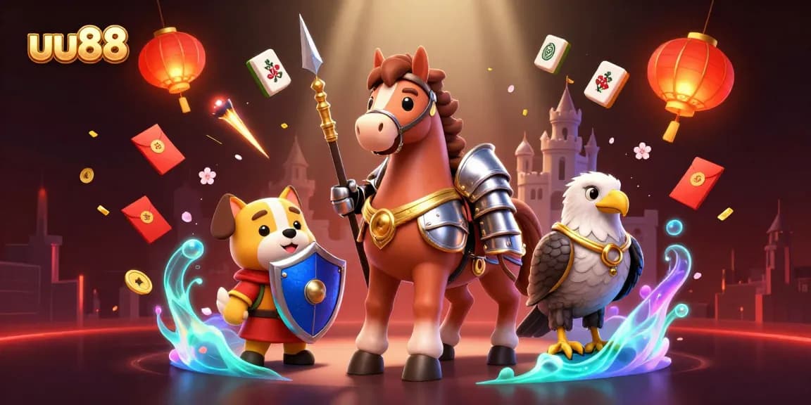 uu88 players enjoy vibrant casino games surrounded by golden treasures and joyful elements.
