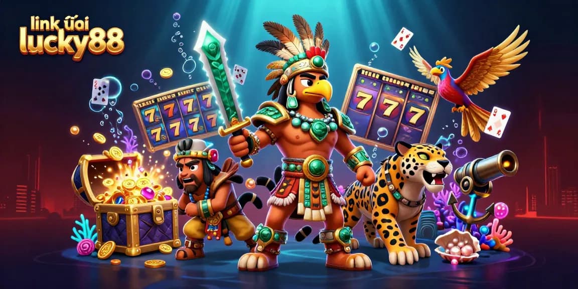 Experience the thrill of winning at link vào lucky88 with vibrant casino-themed elements and heroic characters.