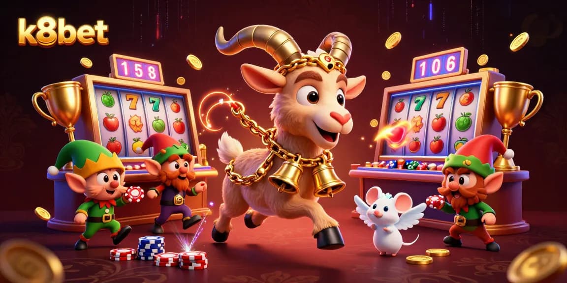 K8bet offers dynamic slots gameplay with a 3D Krampus goat running a holiday casino scene.