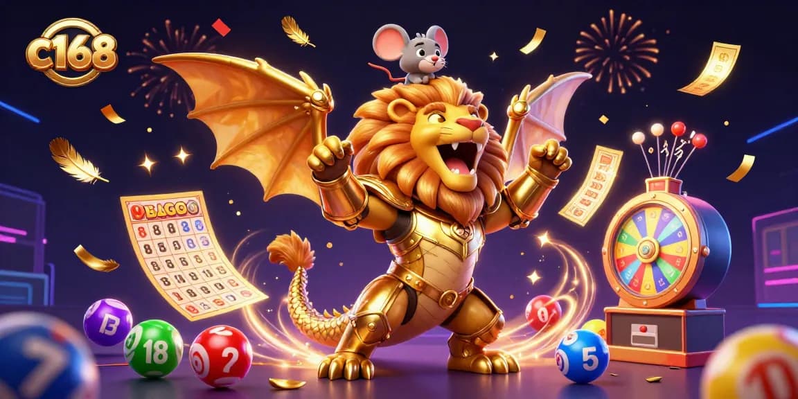 Experience thrilling wins at c168, illustrated with a striking chimera creature amidst colorful gambling elements.