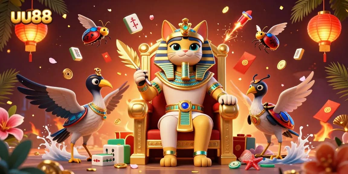 Experience thrilling games at uu88 with a vibrant scene featuring a pharaoh cat and rich casino elements.