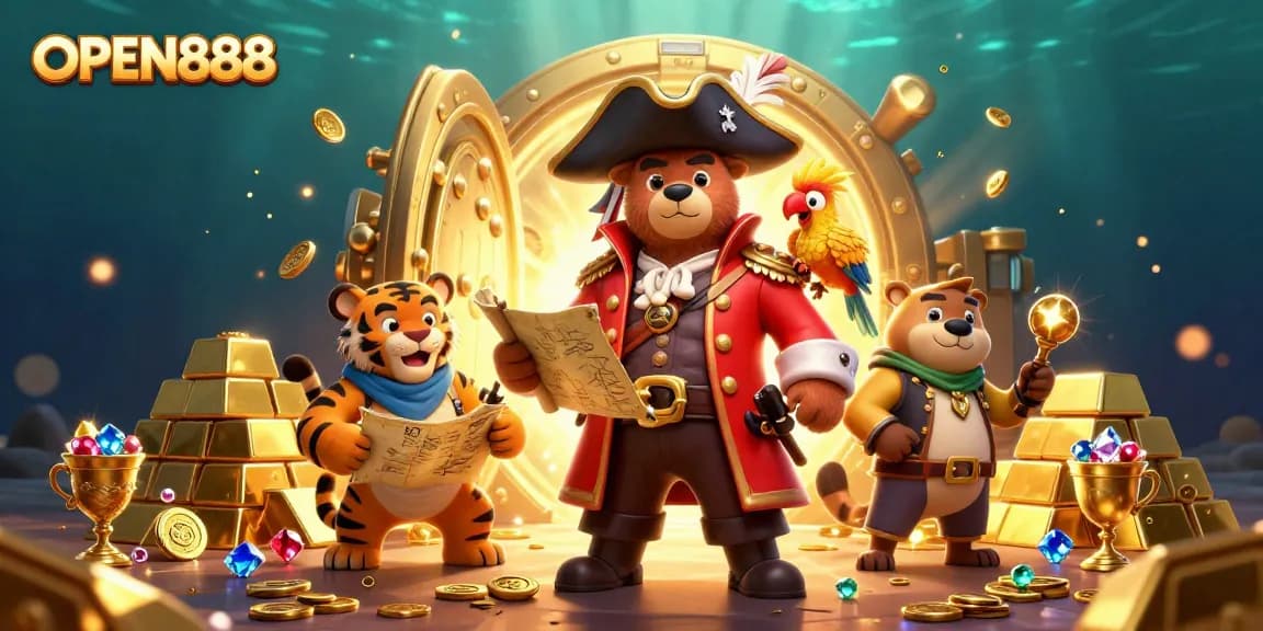 Win exciting bonuses at OPEN888 with thrilling adventure in this vibrant 3D casino scene.
