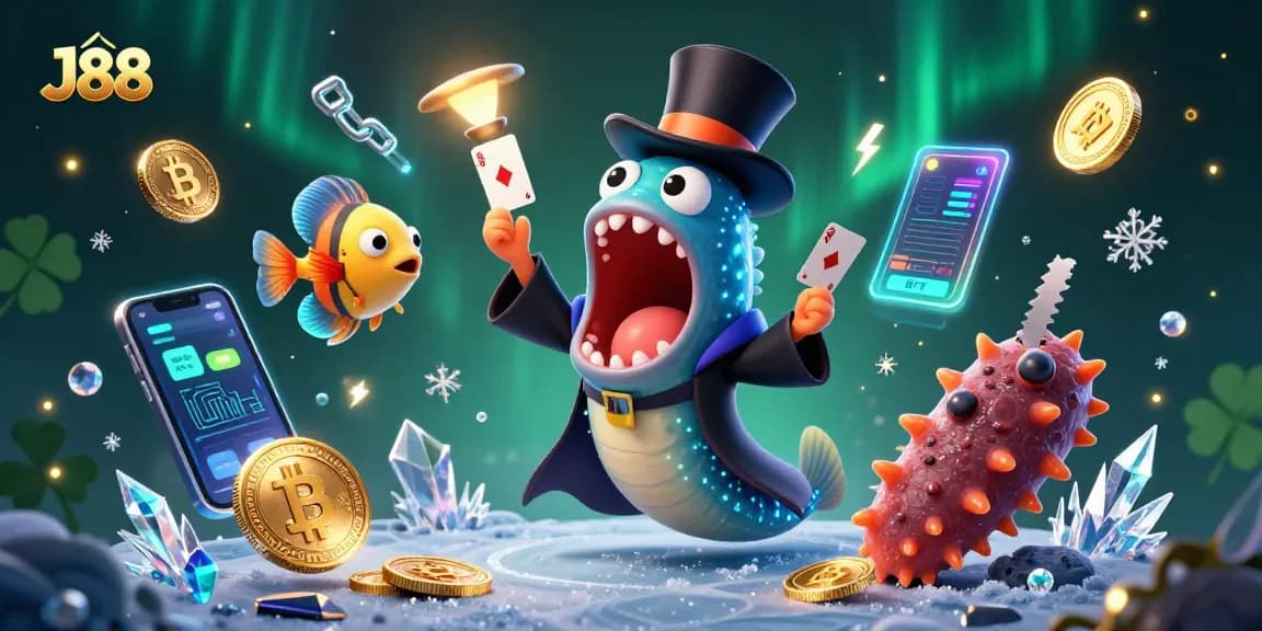 Engage with J88's thrilling magic casino scene featuring vibrant characters and cryptocurrency elements.