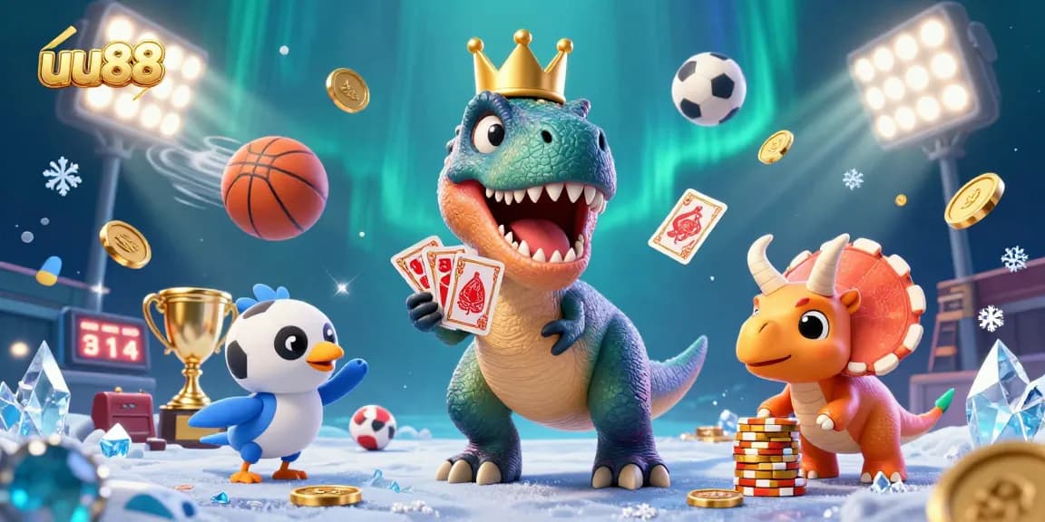 Experience immersive gambling thrills with uu88 in a vibrant 3D cartoon casino scene filled with action.