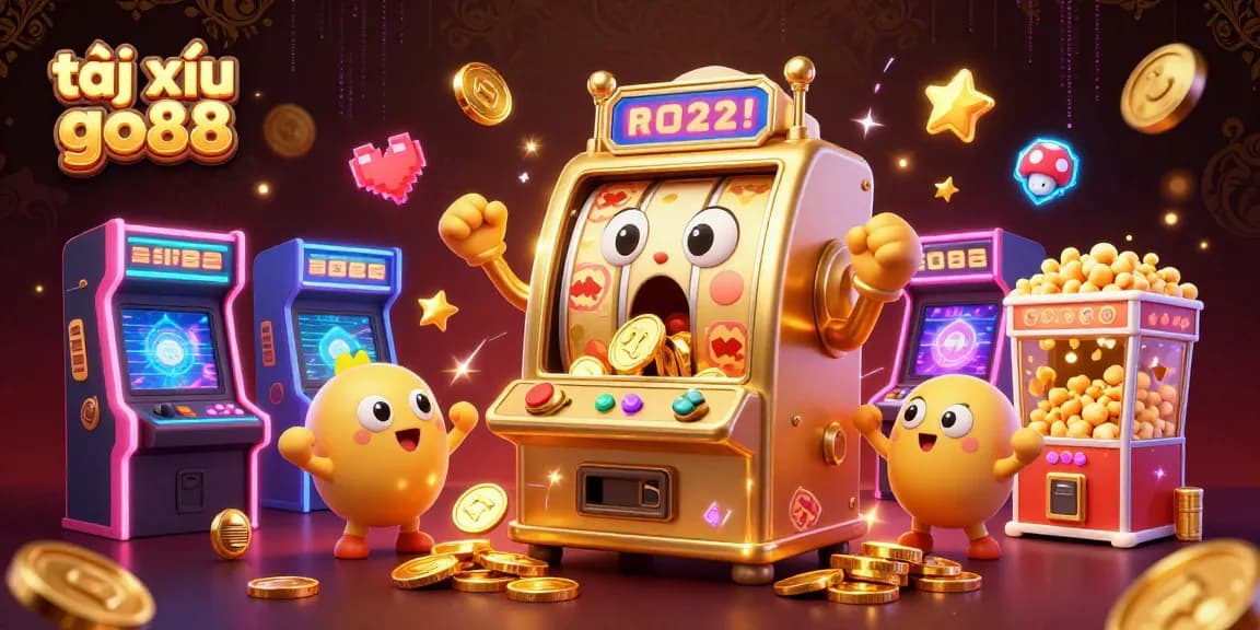 Tài xỉu go88 showcases a lively 3D cartoon slot machine hitting a jackpot as it overflows with coins.